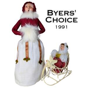 Byers' Choice Caroler 1991 Woman & Child Toddler On Metal Sleigh Fur Muff VTG
